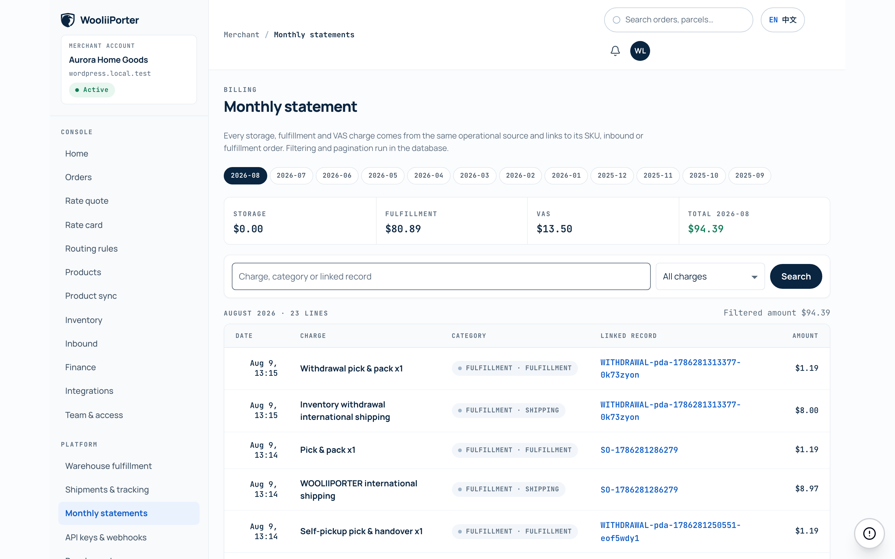 Merchant monthly statement with line-item fees, each line carrying its category tag and a linked source document reference