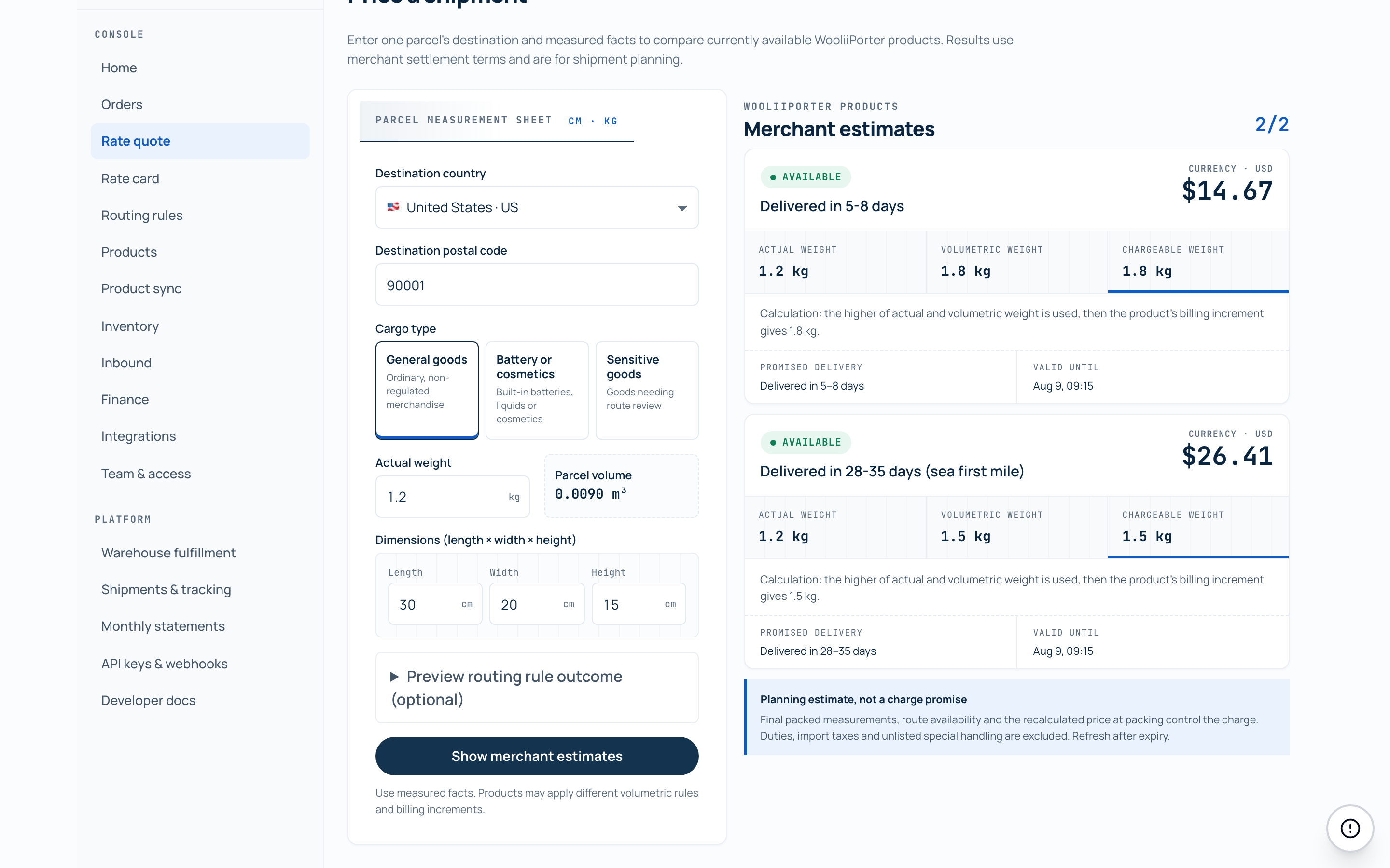 Merchant rate quote screen showing two transit-band offers for a US parcel: delivered in 5-8 days and delivered in 28-35 days by sea first mile, each with chargeable-weight breakdown and a promised delivery line